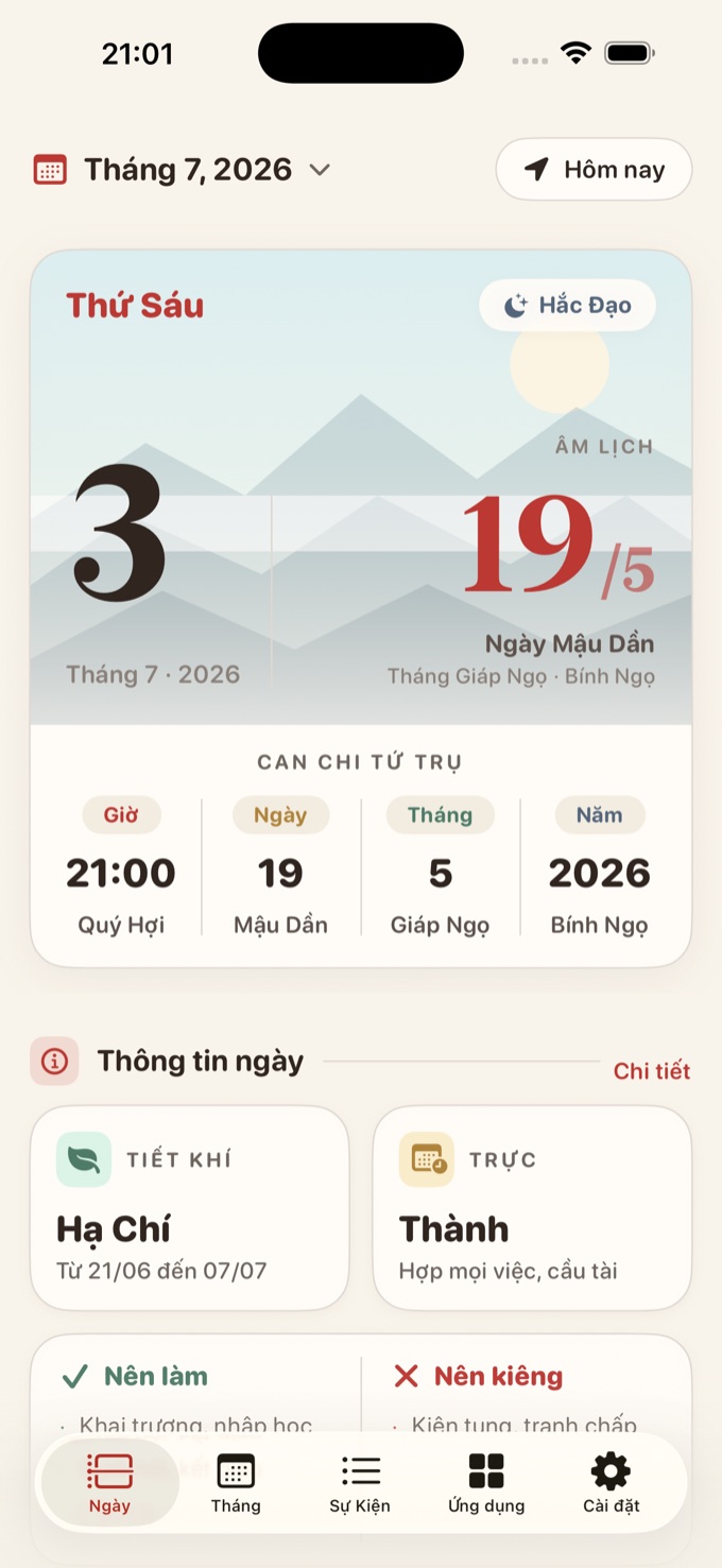 Màn Âm Lịch của ứng dụng Lịch Bách Việt