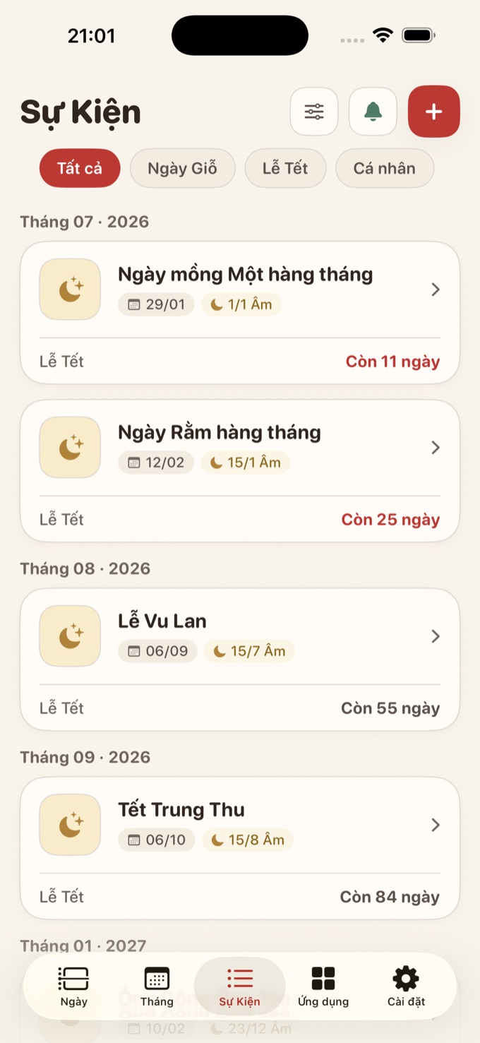 Sự kiện — giỗ, lễ tết, cá nhân; nhắc trước theo lịch âm