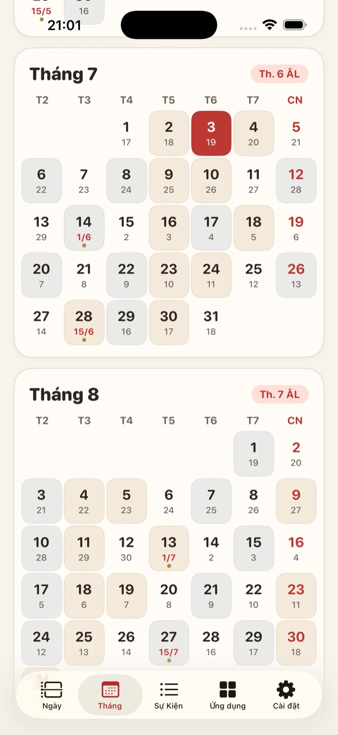 Lịch tháng — cuộn cả năm, đối chiếu âm–dương từng ngày