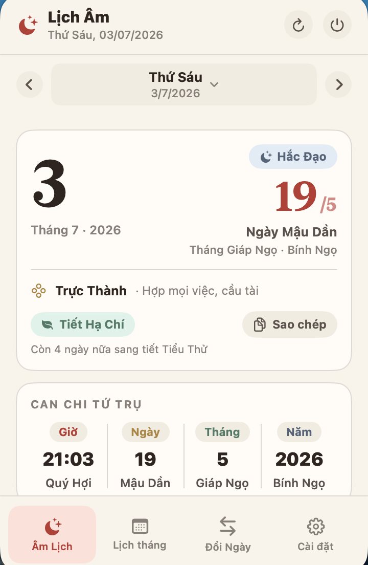 Ứng dụng Lịch Bách Việt trên thanh menu macOS
