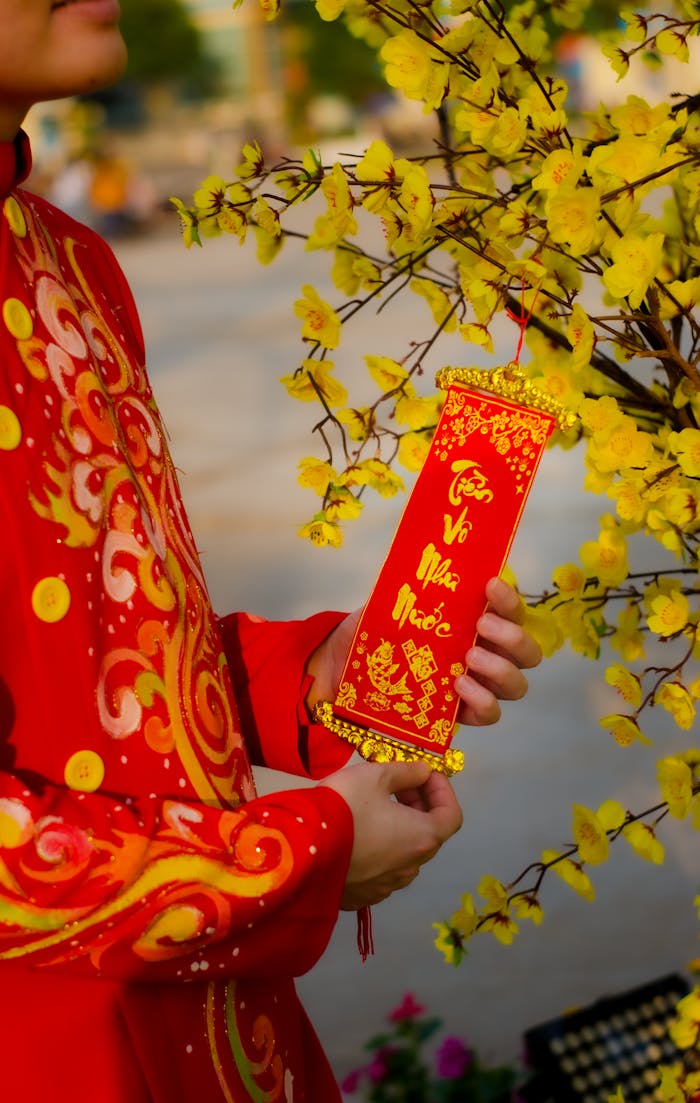 creative Close-up of a person in vibrant traditional clothing holding a Tet New Year decoration in Vietnam.